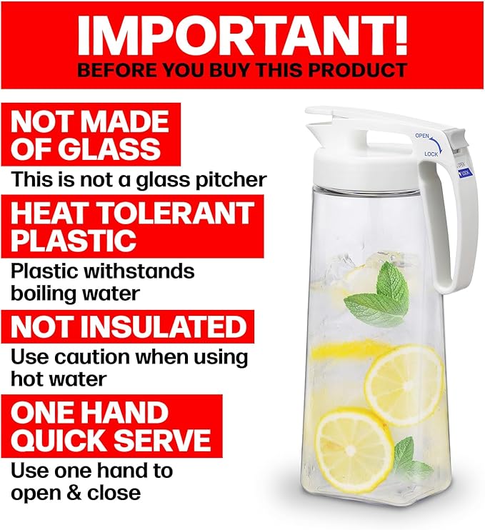 Lustroware QuickServe Airtight Pitcher - 2.1L (70oz), Heat Resistant, BPA-Free SAN Plastic, One Touch Open & Close, Space-Saving, Made in Japan - White - Image 2