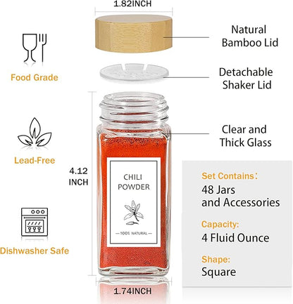 Aliggbent Spice Jars with Lable, 48 Pcs 4 oz Glass Spice Jars with Bamboo Lids, Spice Containers Bottles, Glass Seasoning Jars with Shaker Lids, Collapsible Funnel, for Spice Racks, Pantry,Cupboard - Image 2