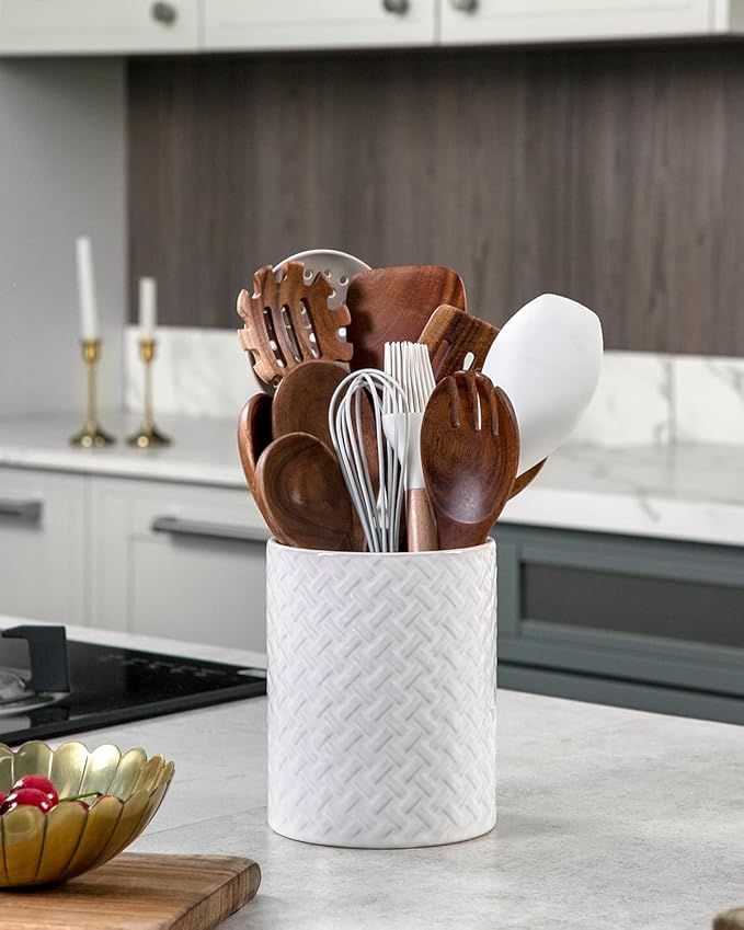 Nucookery 6.4'' Utensil Holder - Ceramic Utensil Holder for Kitchen Counter, Large Capacity Countertop Storage, Farmhouse Style Utensil Crock Organizer for Spoons, Spatulas & Cooking Tools - Image 4