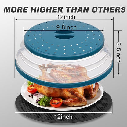 Large Microwave Splatter Cover & Silicone Mat,12 Inchs Vented Collapsible Guard dish Plate lid & Round Kitchen mat for food