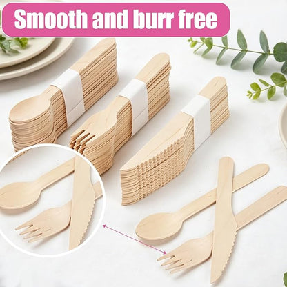 Wooden Utensils Set - Disposable Cutlery Set 300 Pieces (120 Forks 120 Spoons 60 Knives) Wooden Compostable Utensils Cutlery Combo Set- Eco-Friendly Biodegradable Utensils for Party