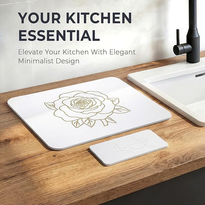 Stone Dish Drying Mat for Kitchen Counter, Glittery Resin Rose Pattern Quick Drying Mat, Water Absorbing Diatomaceous Pad for Plate Bottle Utensil Rack,Space Saving (Gold & White, 16"×12")