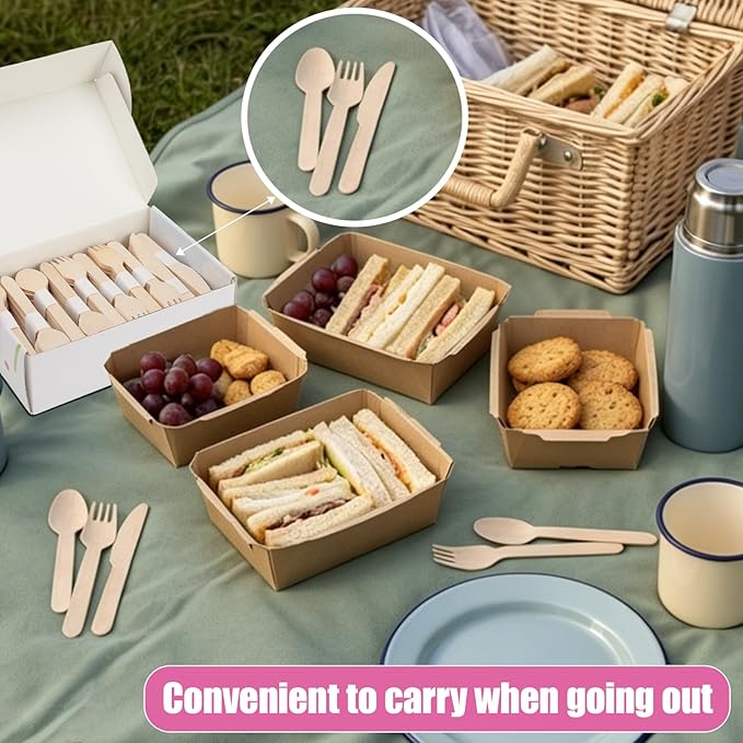 Wooden Utensils Set - Disposable Cutlery Set 300 Pieces (120 Forks 120 Spoons 60 Knives) Wooden Compostable Utensils Cutlery Combo Set- Eco-Friendly Biodegradable Utensils for Party