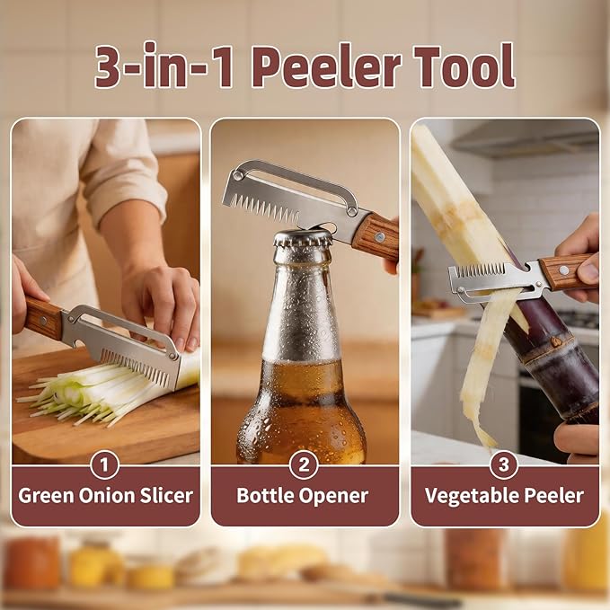 Multifunctional Vegetable Peeler, 3 in 1 Potato Peeler with Wooden Handle, Green Onion Slicer with Bottle Opener Kitchen Tool for Peeling Veggie Fruit Pineapple Pumpkin Papaya Carrrot(2 Pack) - Image 4