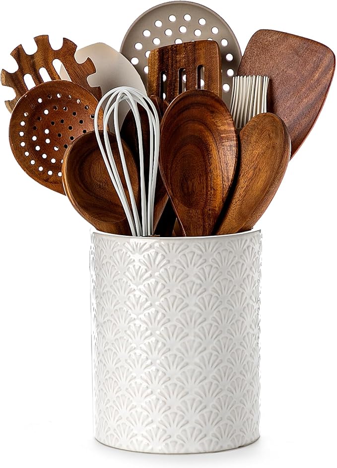 Nucookery 6.4'' Utensil Holder - Ceramic Utensil Holder for Kitchen Counter, Large Capacity Countertop Storage, Farmhouse Style Utensil Crock Organizer for Spoons, Spatulas & Cooking Tools by Nucookery
