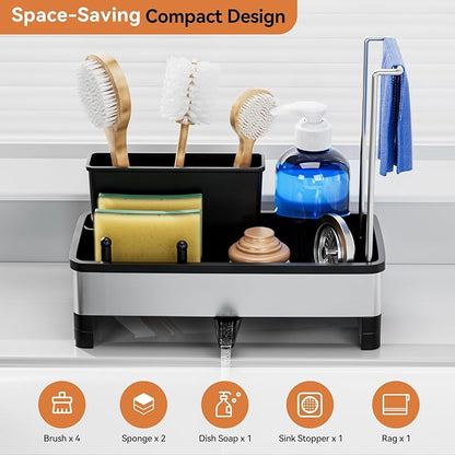 Laveshop Sponge Holder for Kitchen Sink, Rustproof Stainless Steel Sink Caddy with Auto-Drain, Removable Brush Holders, Soap and Dishcloth Organizer, Black - Image 2
