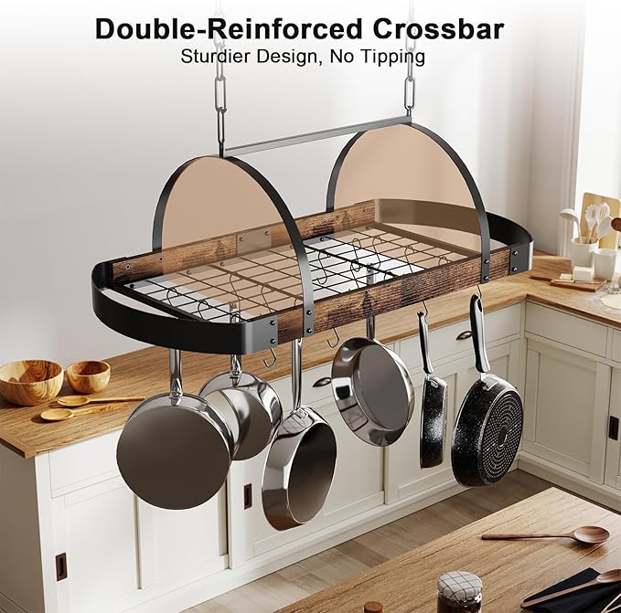 Hanging Pot Rack,32-Inch Ceiling Pot Rack for Kitchen,Space-Saving Pot Hanger with 16 Detachable S Hooks,Sturdy Metal Frame,Industrial Style,for Pot, Pan Storage,Space-Saving - Image 4