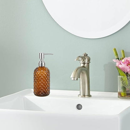 16 oz Diamond Pattern Glass Soap Dispenser, Kitchen and Bathroom Refillable Soap Dispenser with Rust Resistant Stainless Steel Pump for Hand Soap, Lotion Glass Liquid Dispenser(Amber) - Image 2