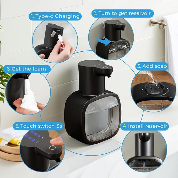 Automatic Foaming Soap Dispenser, 17oz/500ml Touchless Rechargeable with 4-Level Adjustable & IPX5 Waterproof - Level Display for Wall/Tabletop Use in Bathroom, Kitchen, Black - Image 7