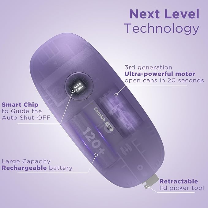 Canslab Ultrablade PRO Auto Stop Can Opener - Rechargeable Electric Can Opener for Kitchen for Seniors with Arthritis - One Touch Side Cut Opener, Smooth Edge, Lilac - Image 3