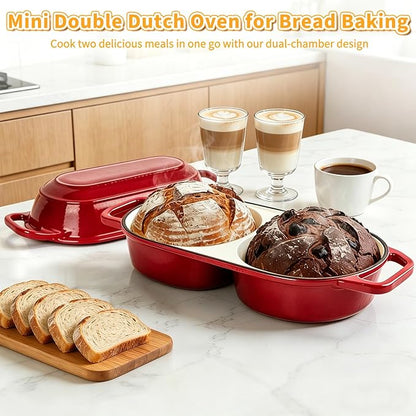 Mini Double Dutch Oven For Sourdough Bread Baking, 2.2QT Enameled Cast Iron Dutch Oven Pot With Lid, Non Stick Dual Round Bread Loaf Pan, 500°F Oven Safe, Sourdough Baking Pan For Homemade Baking
