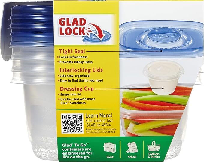 Glad GladWare To Go Snack Food Storage Containers with Lids, Medium Rectangle BPA Free Plastic with Built-In Dressing Cup for Salads and Snacks, Microwave Dishwasher Safe, 24 Oz, 4 Count - 2 Pack - Image 3