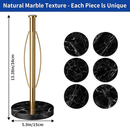 YIGII Heavy Marble Base Paper Towel Holder Countertop - Standing Paper Towel Roll Holder with Black Weighted Base, Gold Papertowel Holder for Kitchen