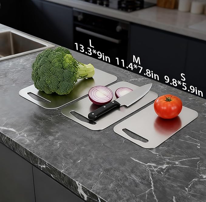 URMONA 3 PCS 304 Stainless Steel Cutting Board For Kitchen, Non-Staining&Odor-Free, Burr-Free Edges, Dishwasher Safe, Non Toxic Cutting Board（S+M+L） - Image 3
