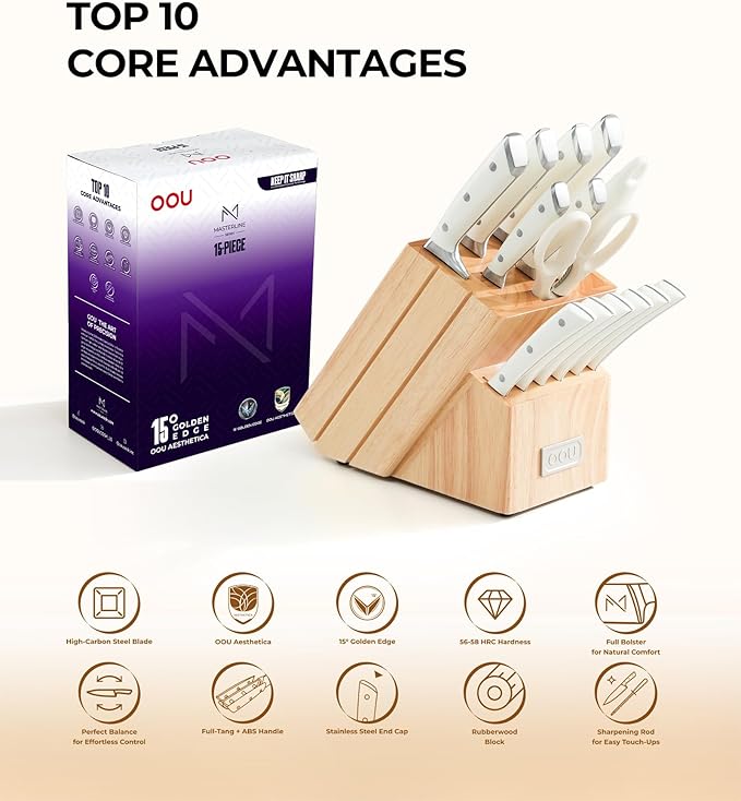 OOU 2026 Master Line 15-Piece German High Carbon Steel Knife Set - Professional Sharp Chef Knife with FSC Wooden Block - Ergonomic Handle Kitchen Knife Set with Steak Knives & Sharpener