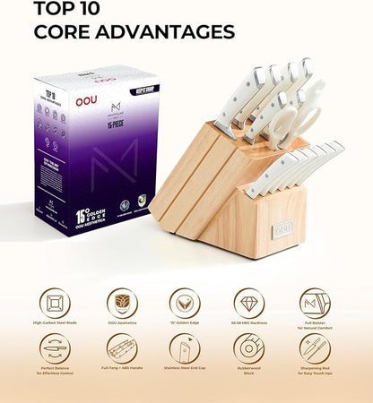 OOU 2026 Master Line 15-Piece German High Carbon Steel Knife Set - Professional Sharp Chef Knife with FSC Wooden Block - Ergonomic Handle Kitchen Knife Set with Steak Knives & Sharpener