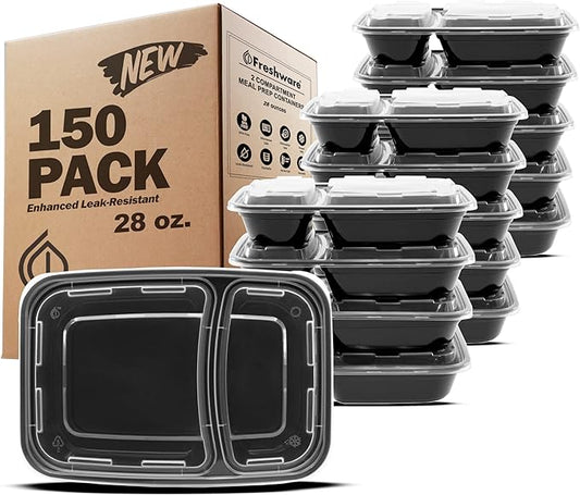 Freshware Meal Prep Containers with Lids 28 oz [150 Pack] 2-Compartment Food Storage Containers, Bento Box Lunch Containers, BPA Free, Airtight, Stackable, Reusable, Microwave/Dishwasher/Freezer Safe