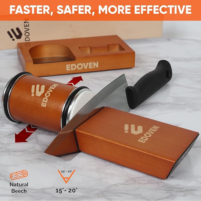 Premium Rolling Knife Sharpener Kit - Magnetic Manual Knife Sharpener with Diamond & Ceramic Discs, Two Extra Discs, Leather Strop & Stand, 15° & 20° Angle Guides, Gift for Chefs & Home Cooks - Image 7