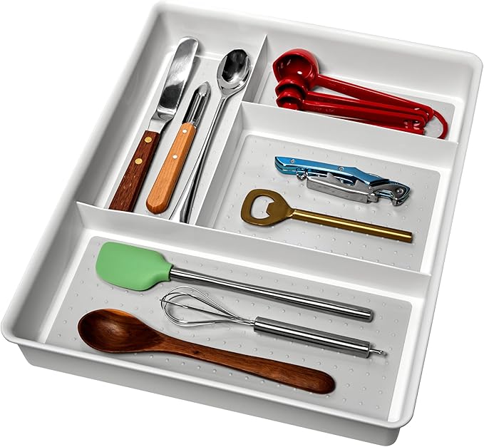madesmart 4 Compartment Drawer Organizer, Multi Purpose Storage for Utensils, Office Tools, Cords, & Small Household Items, Tech Accessories, Arts & Crafts Supplies, Non Slip Lining, White by madesmart%C2%AE