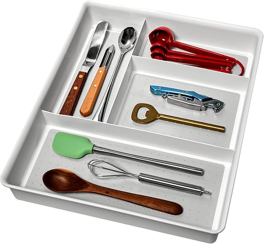 madesmart 4 Compartment Drawer Organizer, Multi Purpose Storage for Utensils, Office Tools, Cords, & Small Household Items, Tech Accessories, Arts & Crafts Supplies, Non Slip Lining, White by madesmart%C2%AE