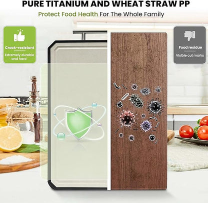 Titanium Cutting Board for Kitchen, Double Sided Titanium Cutting Board with Juice Groove, Metal Chopping Board for Kitchen, Titanium & Wheat Straw PP, Dishwasher Safe, 16.3”×11”