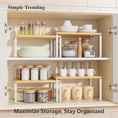 Simple Trending Bamboo Cabinet Organizer Shelf, Set of 4 Kitchen Counter Shelves, Stackable Expandable Spice Rack Pantry Cupboard Organizer, White and Natural - Image 2