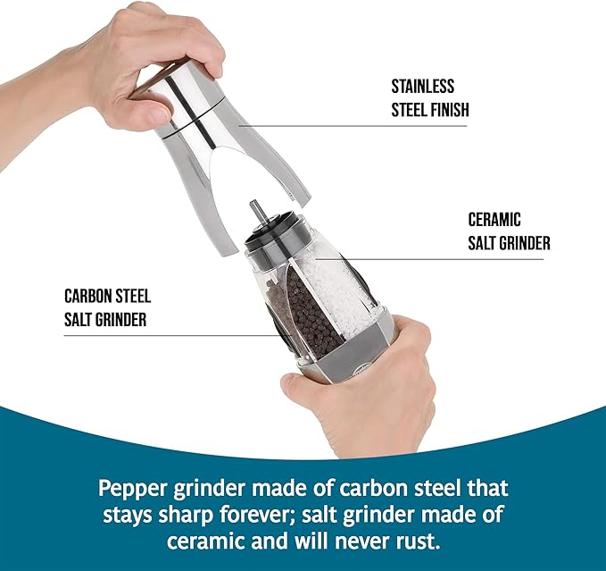 Trudeau Stainless Steel Manual 2-in-1 Salt and Pepper Mill - 7.5-Inch Space-Saving Grinder with Durable Carbon Steel Pepper Grinder and Rust-Proof Ceramic Salt Grinder - Adjustable Grind Settings