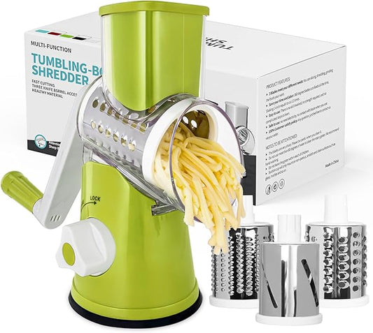 X Home Rotary Cheese Grater for Kitchen, Shredder with 3 Interchangeable Blades, Rotary Grater with Handle and Strong Suction Base, for Vegetables, Fruit, Nuts, Easy to Use and Clean, Green by XHome