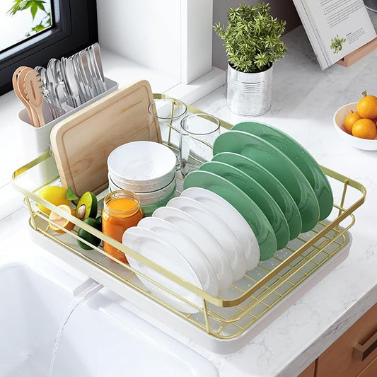 Kitsure Dish Drying Rack for Kitchen Counter, Stainless Steel Sink Organization and Storage Essentials with Cutlery Holder, Home and Appartment Decor, 12''W x 15.5''L, Gold by Kitsure