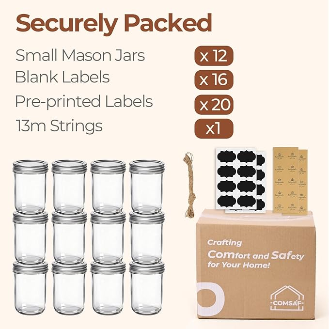 ComSaf Small Mason Jars 8 oz 12Pcs Bulk Set, Half Pint Regular Mouth Mason Jar with Lids and Seal Bands, Glass Canning Jars for Jam, Jelly, Spice, Meal Prep, Shower Wedding Favors, DIY Candles Decor - Image 8