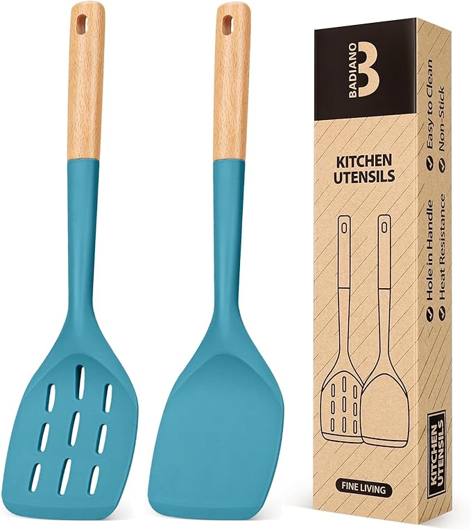 Pack of 2 Silicone Spatula, Non Stick Cooking Utensil Set Wooden Handle Kitchen Turner for Baking Mixing Grilling Serving Food Heat Resistant Non Scratch Hooks Included (Blue) by BADIANO