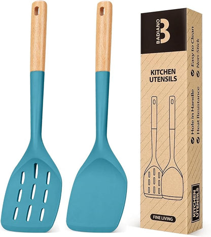 Pack of 2 Silicone Spatula, Non Stick Cooking Utensil Set Wooden Handle Kitchen Turner for Baking Mixing Grilling Serving Food Heat Resistant Non Scratch Hooks Included (Blue) by BADIANO