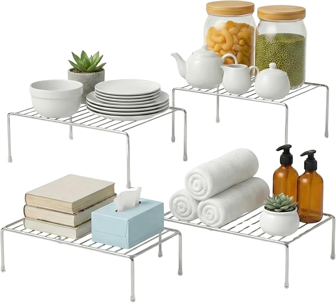 Evelots Kitchen Cabinet Wire Shelf Organizer/Rack - 4 Pack Sturdy Large Metal Shelf Risers - Double Your Counter Space - Great for Kitchen, Freezer, Pantry and Bathroom - Rustproof - Chrome by Evelots