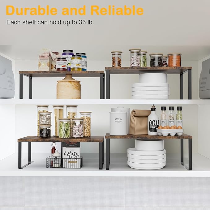 OGEMXU Cabinet Shelf Organizers, 15.7 inches Large Kitchen Counter Shelf, Set of 2 Wood Kitchen Pantry Organizer, Storage Shelves for Countertop, Spice Rack, Stackable, Expandable, Metal Black, Brown - Image 4
