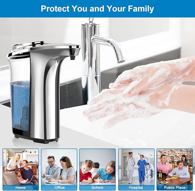 PZOTRUF Automatic Soap Dispenser, Touchless Dish Soap Dispenser 17oz/500ml with Upgraded Infrared Sensor, 5 Adjustable Soap Dispensing Levels, Liquid Hand Dispenser for Bathroom (Silver Set) - Image 7