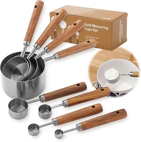 Measuring Cups and Spoons Set,Premium Stainless Steel Measuring Cups and Spoons Set with Wood Handle, 8-Pieces Kitchen Essentials for Baking, Coffee with Ergonomic Grip & Engraved Markings(Silver8)