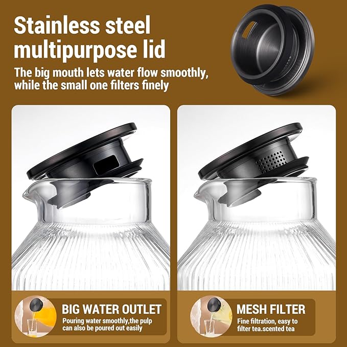 1 Gallon Square Glass Pitcher with Lid, Classic Stripes Water Pitchers for Fridge, Borosilicate Glass Carafe for Hot/Cold Brew Drink, Extra Large Jug with Handle for Iced Tea, Coffee, Juice, Black - Image 5