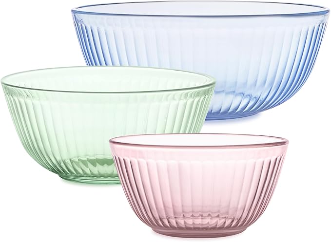 Pyrex Colors Tinted (3-Pack) Sculpted Tinted Unlidded Small/Medium/Large Glass Mixing Bowls, Nesting Space Saving Set of Bowls For Prepping and Baking, 1.3QT, 2.3QT & 4.5QT by Pyrex