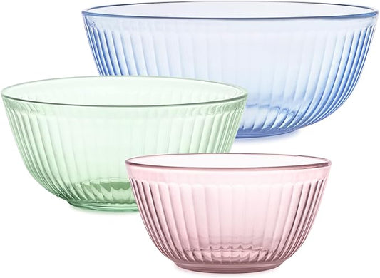 Pyrex Colors Tinted (3-Pack) Sculpted Tinted Unlidded Small/Medium/Large Glass Mixing Bowls, Nesting Space Saving Set of Bowls For Prepping and Baking, 1.3QT, 2.3QT & 4.5QT by Pyrex