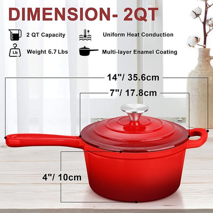 Enameled Cast Iron Sauce Pan with Lid, Leonyo 2 Quart Saucepan with Lid, Enamel Cast Iron Dutch Oven Kitchen Cookware for All Cooktops Making Pasta Sauce, Milk, Oatmeal - Up to 500°F & 6.7Lbs, Red