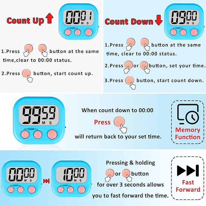 ZILLEEN Classroom Timers for Kids Classroom Magnetic Digital Kitchen Timers for Cooking Teachers Gym Game 6 Pcs Blue Green Pink Purple Yellow Orange - Image 8