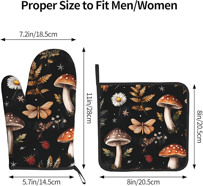 Mushroom Oven Mitts Set – Vintage Pot Holders Kitchen Gloves for Women Farmhouse Kitchen Mitts Floral Herb Potholders Set of 2 Durable for Cooking Baking - Image 3