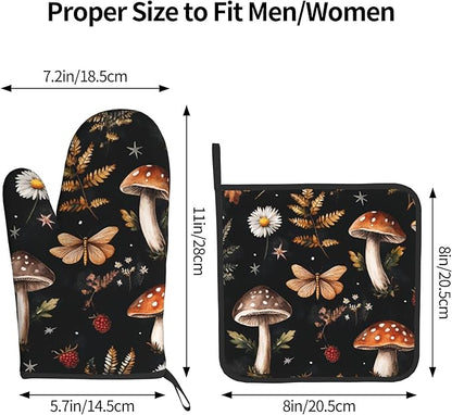 Mushroom Oven Mitts Set – Vintage Pot Holders Kitchen Gloves for Women Farmhouse Kitchen Mitts Floral Herb Potholders Set of 2 Durable for Cooking Baking - Image 3