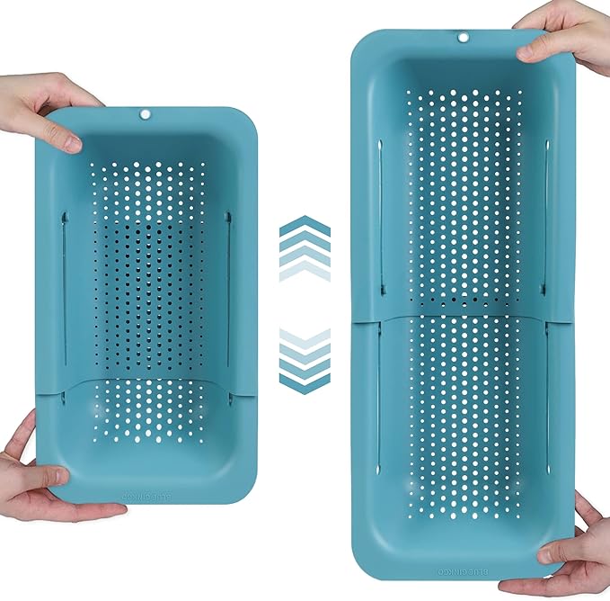 BLUE GINKGO Over the Sink Colander Strainer Basket - Wash Vegetables and Fruits, Drain Cooked Pasta and Dry Dishes - Extendable - New Home Kitchen Essentials (7.9 W x 14.5-19.5 L x 2.75 H) - Teal by BLUEGINKGO