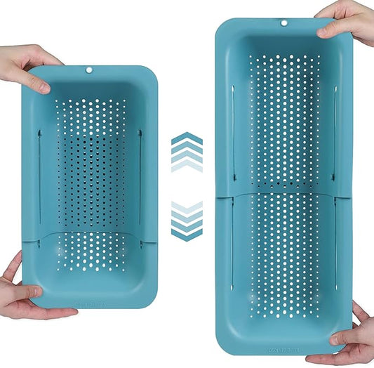 BLUE GINKGO Over the Sink Colander Strainer Basket - Wash Vegetables and Fruits, Drain Cooked Pasta and Dry Dishes - Extendable - New Home Kitchen Essentials (7.9 W x 14.5-19.5 L x 2.75 H) - Teal by BLUEGINKGO