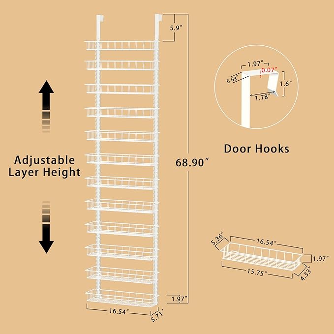 Churboro Over the Door Pantry Organizer Rack with 12 Adjustable Baskets, 12 Tiers Dual-use Spice Rack- Hanging or Wall Mount Spice Rack, Pantry Door Organizer, White - Image 2