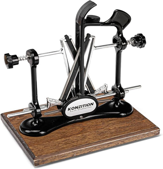 Premium Knife Sharpener with Wooden Base Ideal for Home Kitchens. V-Shape Knife Sharpener Ideal Gift for Father, Husband, Cooks & Anglers. Adjustable Angles, And a Full Metal Frame.
