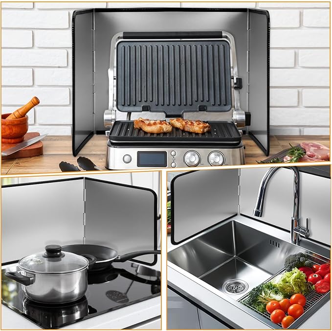 Foldable Stainless Steel Splatter Guard, Oil Splash Protection Backsplash, Splatter Guard for Frying Non-stick 3 Sided Foldable for Stove Top Wall, Easy to Clean and Store for Stove Top and Frying Pan