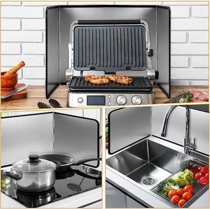 Foldable Stainless Steel Splatter Guard, Oil Splash Protection Backsplash, Splatter Guard for Frying Non-stick 3 Sided Foldable for Stove Top Wall, Easy to Clean and Store for Stove Top and Frying Pan