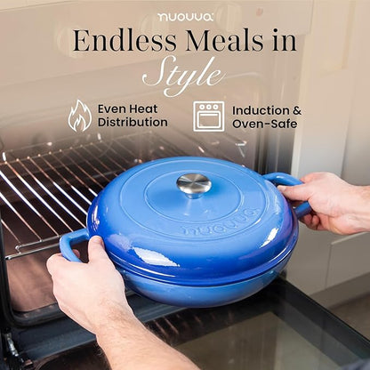 Shallow Cast Iron Casserole with Lid – Non Stick Dutch Oven Pot, Oven Safe up to 500° F – Sturdy Ovenproof Stockpot Cookware – Enamelled Cooking Pot – Dark Blue, 3.7-Quart, 30cm – by Nuovva